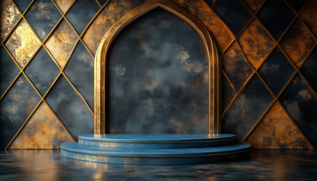 A blue circular pedestal with gold accents sits in front of a gold archway on a black floor.の素材