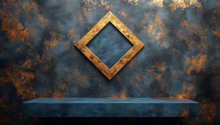 A minimalist product display featuring a dark blue shelf with a gold diamond frame against a textured dark blue and gold wall.の素材