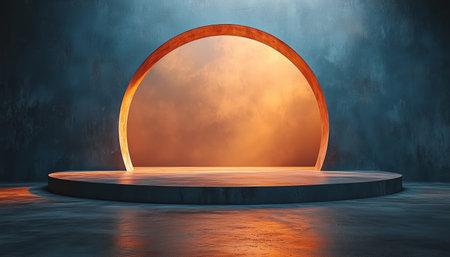 An abstract scene featuring a circular platform positioned in front of an archway leading to a cloudy orange sky against a blue wall.の素材