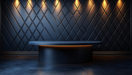 A black round pedestal sits in front of a black wall with a diamond pattern, illuminated by warm lights.の素材
