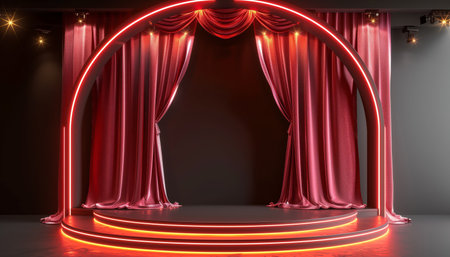 A circular stage with neon lights framed by red curtainsの素材