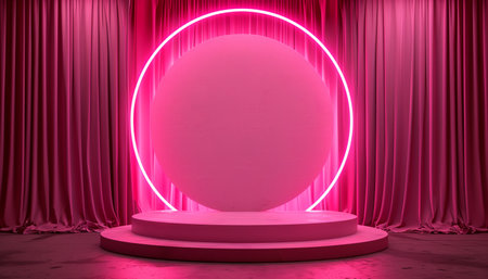 A minimalist stage with a pink circular platform and neon light ringの素材