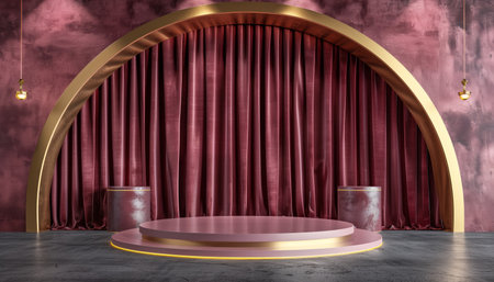 A stylized stage set featuring a pink platform and burgundy velvet curtainsの素材