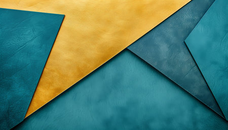 An abstract geometric composition with three intersecting shapes: one gold and two teal, creating a contemporary design.の素材