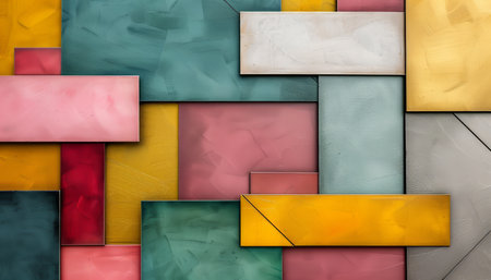 A digital illustration featuring a dynamic composition of colorful rectangles with textured surfaces, creating an abstract geometric pattern.の素材