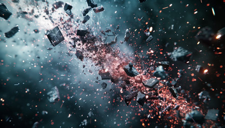 An abstract image of a fiery explosion with scattered rock fragments and sparks against a dark background.の素材