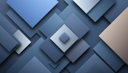 A digital illustration of an abstract geometric pattern composed of overlapping squares in shades of blue and beige, creating a modern and minimalist design.の素材