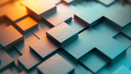 A close-up abstract image of teal and orange cubes interlocking in a repeating pattern.  The cubes have a subtle texture that creates a sense of depth and dimensionality.の素材