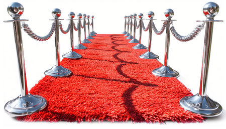 A red carpet with silver stanchions and rope, representing a pathway to an exclusive event.の素材