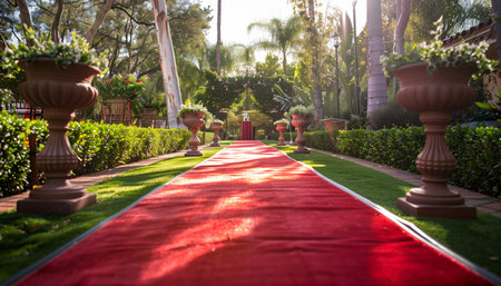 A red carpet pathway leads through a lush garden setting towards a ceremony, framed by potted plants and trees.の素材