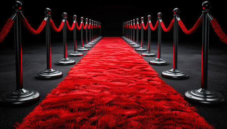 A red carpet entrance with black stanchions and velvet rope, creating a grand and exclusive atmosphere.の素材