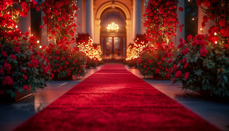 A red carpet leading to a grand entrance adorned with red floral decorations and string lights.の素材
