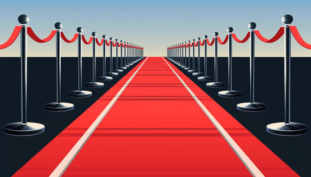 A red carpet entrance with stanchions and rope, symbolizing a formal event or occasion.の素材