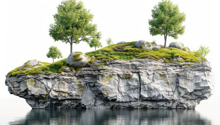 A small, isolated island with trees and rocks sits in calm water against a white background.の素材