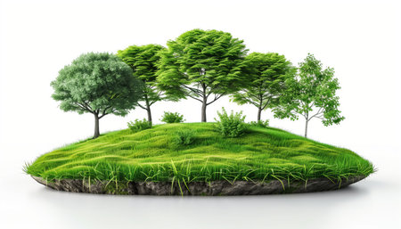 A small island with lush green grass and various trees on it, isolated against a white background.の素材
