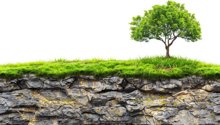 A lone tree on a grassy cliff edge overlooking a rocky surface, isolated against a white background.の素材