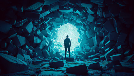 A man in a suit stands at the opening of a glowing blue exit within a crumbling cave, representing a possible path forward or a chance for escape.の素材