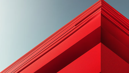 A close-up of a building corner with a red textured surface and geometric lines creating a bold, contemporary design.の素材