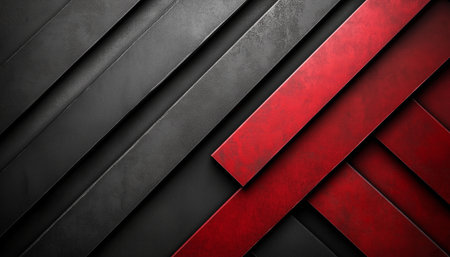 An abstract background featuring a geometric pattern of black and red stripes in a diagonal arrangement.の素材
