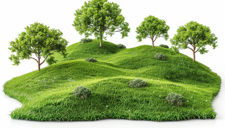 A small, idyllic landscape of green hills with four trees and pink flowers isolated against a white background.の素材