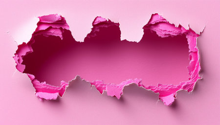 A close-up of a piece of pink paper with a large, irregular hole revealing a textured pink background.の素材