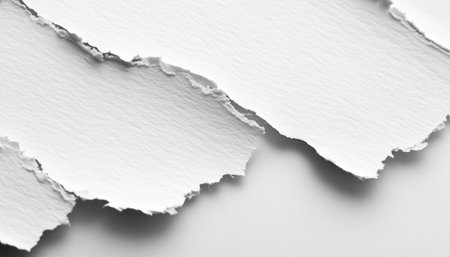 A close-up of a white piece of paper with a torn edge, revealing a textured surface.の素材
