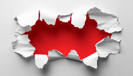 A close-up of torn white paper revealing a red background.の素材