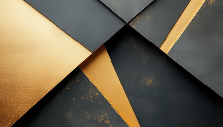 A close-up view of a geometric design featuring contrasting gold and black tones.の素材