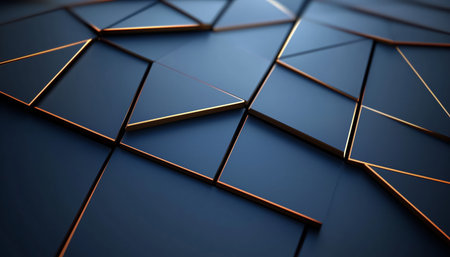 A close-up of a geometric pattern featuring dark blue panels with gold accents, creating a modern and minimalist design.の素材