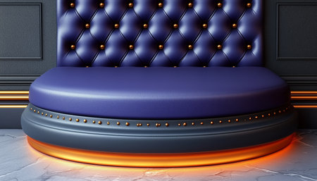 A circular platform upholstered in purple leather with gold accents and a glowing base, set against a marble background.の素材