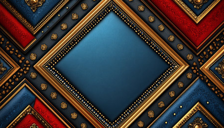 An ornate golden frame with intricate details against a background of red, blue, and black textured surfaces.の素材