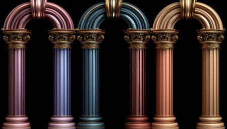 A 3D render of four ornate columns with arched tops in gold, pink, blue, and brown against a black background.の素材