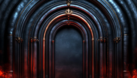 An intricate arched doorway, framed in dark and metallic hues with glowing red lights.の素材