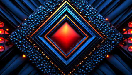A digital rendering of an abstract geometric design with a square frame, textured surfaces, and contrasting blue and orange colors.の素材