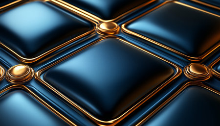 A close-up view of an abstract pattern featuring blue squares with rounded edges and gold accents.の素材
