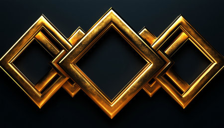 The image features three overlapping golden square frames arranged in a symmetrical pattern on a black background, creating a luxurious and modern design.の素材
