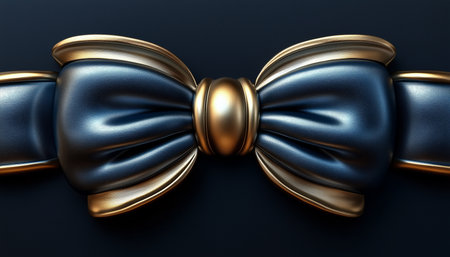 A close-up of a blue and gold bow with textured fabric and a shiny center, against a dark background.の素材