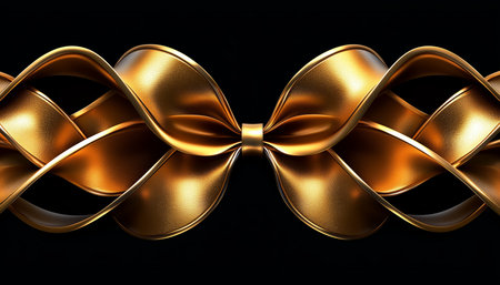 A digitally rendered image of a golden bow formed by intertwining curved ribbons against a black background.の素材