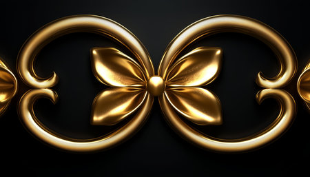 A golden 3D rendered ornament featuring a stylized flower design with intricate curves and a textured surface.の素材