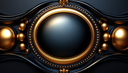 A circular frame with a black background and gold accents, featuring ornate detailing and a smooth, polished finish.の素材