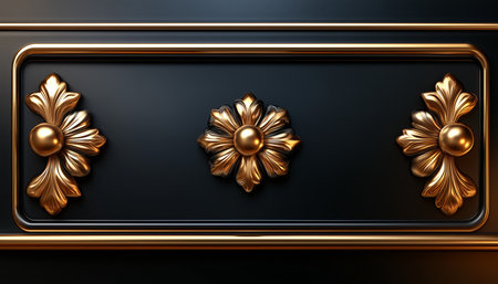 The image depicts three ornate gold floral patterns, framed by a golden trim on a black background.の素材