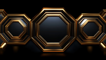 An image of multiple octagonal frames made of gold and black, arranged symmetrically on a black background.の素材