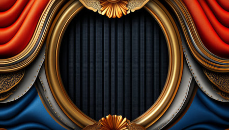 A luxurious, abstract design featuring a golden oval frame with blue and red leather accents and a black grille pattern.の素材