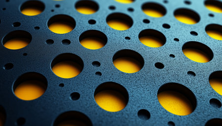 A close-up image of a blue surface with a repeating pattern of circular holes that reveal a yellow background.の素材