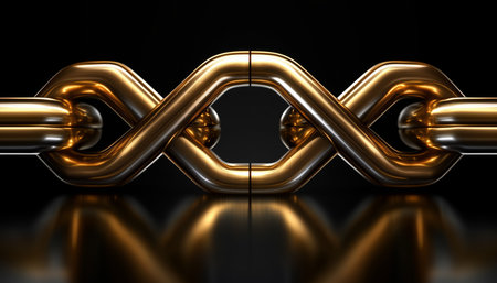 A close-up of a chain of interlocking golden metal tubes with a shiny surface, against a dark background.の素材
