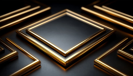 A 3D illustration of overlapping gold frames on a black background. The composition creates a geometric and minimalist design with a focus on the central frame.の素材