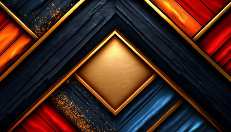 A digitally rendered abstract composition featuring intersecting lines and shapes in black, gold, red, and blue tones, with a central square frame.の素材