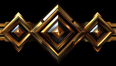 An abstract geometric pattern featuring three shiny gold diamonds framed by black borders, against a black background.の素材