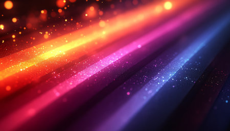 A close-up of a dark abstract background with diagonal lines of glittering color, featuring orange, yellow, red, pink, purple, and blue hues.の素材