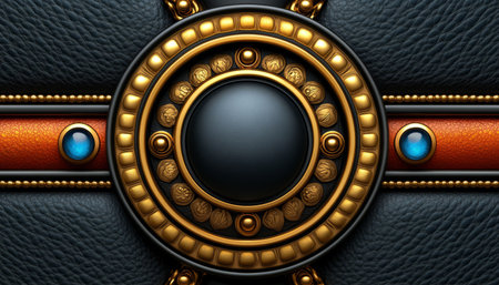 A close-up of a round ornate gold frame with blue gems set against a textured black leather background.の素材